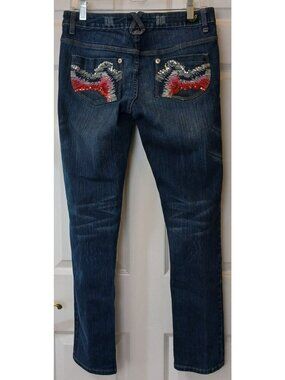 Akademiks Womens Sz 8 Embellished Skinny Jeans Sequin Back Pockets Dark Wash *N3